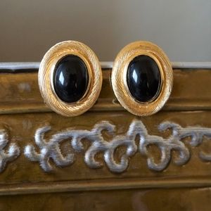 VTG Dior Gold Tone Black Cabochon Large Earrings